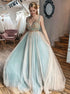 A Line V Neck Tulle Blue Beading Prom Dresses LBQ2575