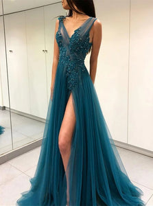 A Line Round Neck Open Back Tulle Prom Dresses