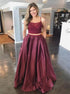 A Line Criss Cross Two Piece Burgundy Spaghetti Straps Satin Prom Dresses LBQ3062