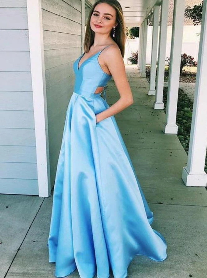 A Line V Neck Satin Lace Up Prom Dresses with Pockets | Alinepromdress A Line V Neck Satin Lace Up Prom Dresses with Pockets | Alinepromdress