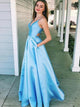 A Line V Neck Satin Lace Up Prom Dresses with Pockets