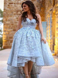 Lace Appliques Sweetheart High Low Ball Gown Prom Dresses