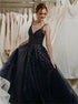 A Line V Neck Black Lace Tulle Prom Dresses LBQ2975