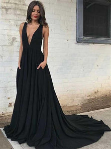 A Line V Neck Sleeveless Chiffon Open Back Black Prom Dresses