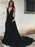 A Line V Neck Sleeveless Chiffon Open Back Black Prom Dress LBQ2843