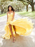 A Line Yellow Spaghetti Straps Chiffon Pleats Ruffles Prom Dresses LBQ2403