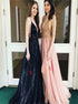 A Line Deep V Neck Sweep Train Tulle Prom Dress with Appliques LBQ1871