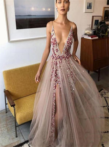A Line Pink Side Slit Tulle Beadings Prom Dresses