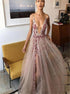 A Line Pink Side Slit Tulle Beadings Prom Dresses LBQ2156