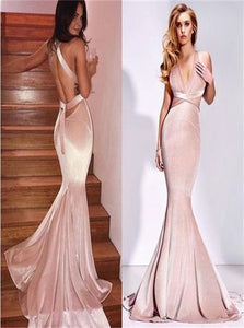 V Neck Mermaid Pink Velvet Prom Dresses