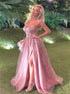 A Line Sweetheart Pink Tulle Beadings Prom Dress with Slit LBQ3163
