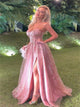 A Line Sweetheart Pink Tulle Beadings Prom Dresses with Slit 
