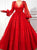 A Line V Neck Long Sleeves Red Tulle Appliques Prom Dresses