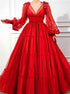 A Line V Neck Long Sleeves Red Tulle Appliques Prom Dress LBQ2488