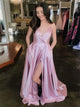 A Line Spaghetti Straps Pink V Neck Satin Pockets Prom Dress with Slit LBQ3008