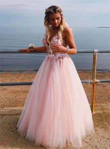A Line Pink V Neck Tulle Appliques Prom Dresses