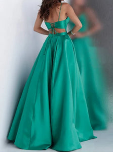 A Line Green Floor Length Satin Prom Dresses