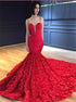 Mermaid Spaghetti Straps Satin Red Appliques Prom Dress LBQ2812