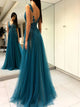 Sweep Train Blue Evening Dresses with Appliques