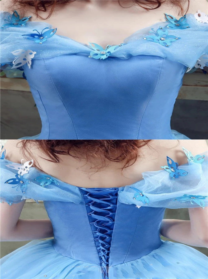 blue dress with butterflies Off the Shoulder Tulle Satin Lace Up Prom Dresses