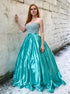 A Line Sweetheart Sweep Train Turquoise Satin Prom Dress with Beading LBQ1932
