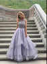 A Line Scoop Appliques Ruffles Tulle Prom Dress LBQ1685
