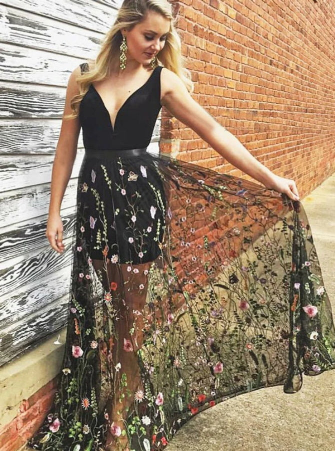 A Line V Neck Black Flowers Tulle Prom Dresses | Alinepromdress A Line V Neck Black Flowers Tulle Prom Dresses | Alinepromdress