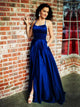 Satin A Line Blue Prom Dresses with Sweep Train 