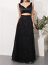 Two Piece A Line V Neck Black Sequin Satin Prom Dress LBQ3269