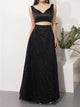 Two Piece A Line V Neck Black Sequin Satin Prom Dresses