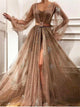 A Line Sequins Golden Prom Dress with Sweep Train