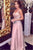 A Line V Neck Sweep Train Pink Tulle Prom Dresses with Beading 