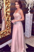 A Line V Neck Sweep Train Pink Tulle Prom Dresses with Beading LBQ3289