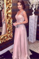 A Line V Neck Sweep Train Pink Tulle Prom Dresses with Beading 