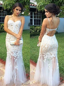 Mermaid Spaghetti Straps Open Back White Tulle Prom Dress with Lace LBQ2143