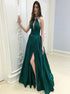 Green Halter Cut Out Side Split Long Satin Prom Dresses LBQ3085
