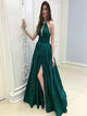 Green Halter Cut Out Side Split Long Satin Prom Dresses