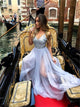 A Line V Neck Light Grey Tulle Long Prom Dresses with Sequins