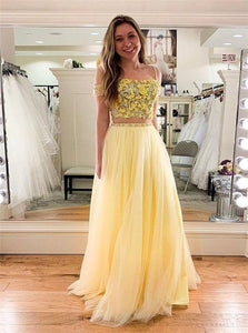 Two Pieces A Line Off the Shoulder Tulle Yellow Prom Dresses