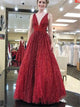 A Line Tulle Red V Neck Open Back Prom Dresses