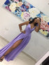 Lavender A Line Satin V Neck Prom Dress With Slit LBQ2545