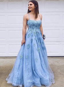 Sky Blue Floor Length Sleeveless Prom Dresses