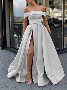 A Line Satin Sleeveless Prom Dresses with Slit