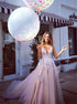 A Line V Neck Tulle Appliques Pink Prom Dress LBQ2861