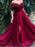 A Line Off the shoulder Half Sleeves Tulle Red Prom Dresses LBQ2644