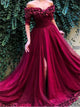A Line Off the shoulder Half Sleeves Tulle Red Prom Dresses