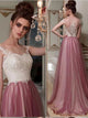 A Line Tulle Pink Scoop Beadings Sweep Train Prom Dresses