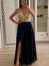 A Line Chiffon Long V Neck Beading Split Prom Dresses LBQ3169