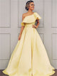 A Line Sweep Train Yellow Saitn Prom Dresses with Pleats