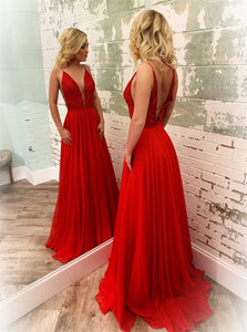 Spaghetti Straps Red Chiffon Open Back Pleats Prom Dresses